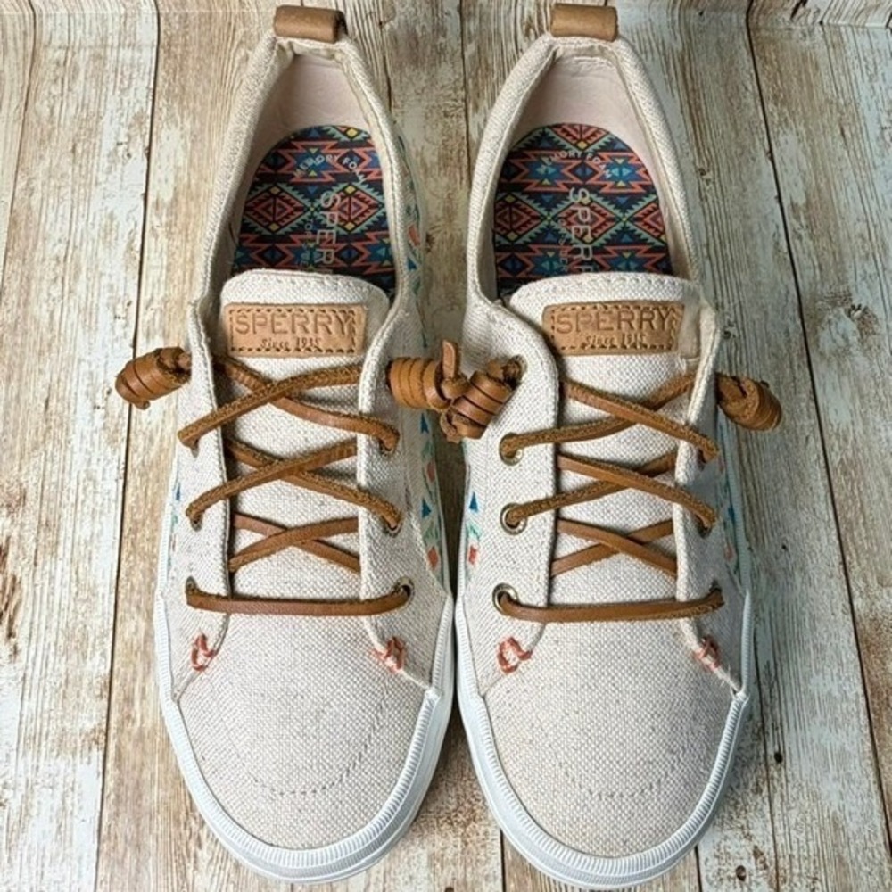Sperry Crest Vibe Platform Sneaker Womens 7.5 Oatmeal Ivory Embroidered STS87002